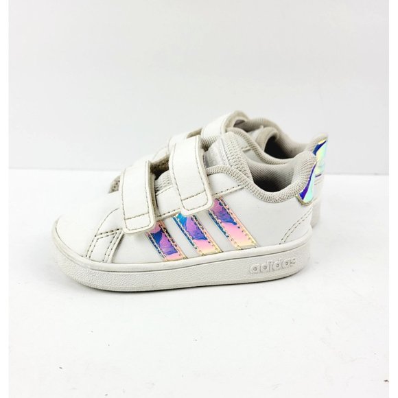 Adidas Grand Court White Tennis Shoes/Sneaker With Iridescent Stripes Size‎ 5K - Picture 4 of 6